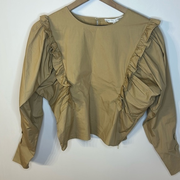 *NWT* English Factory Woven Khaki Long Sleeve Blouse with Ruffles, Size XS - Picture 2 of 9